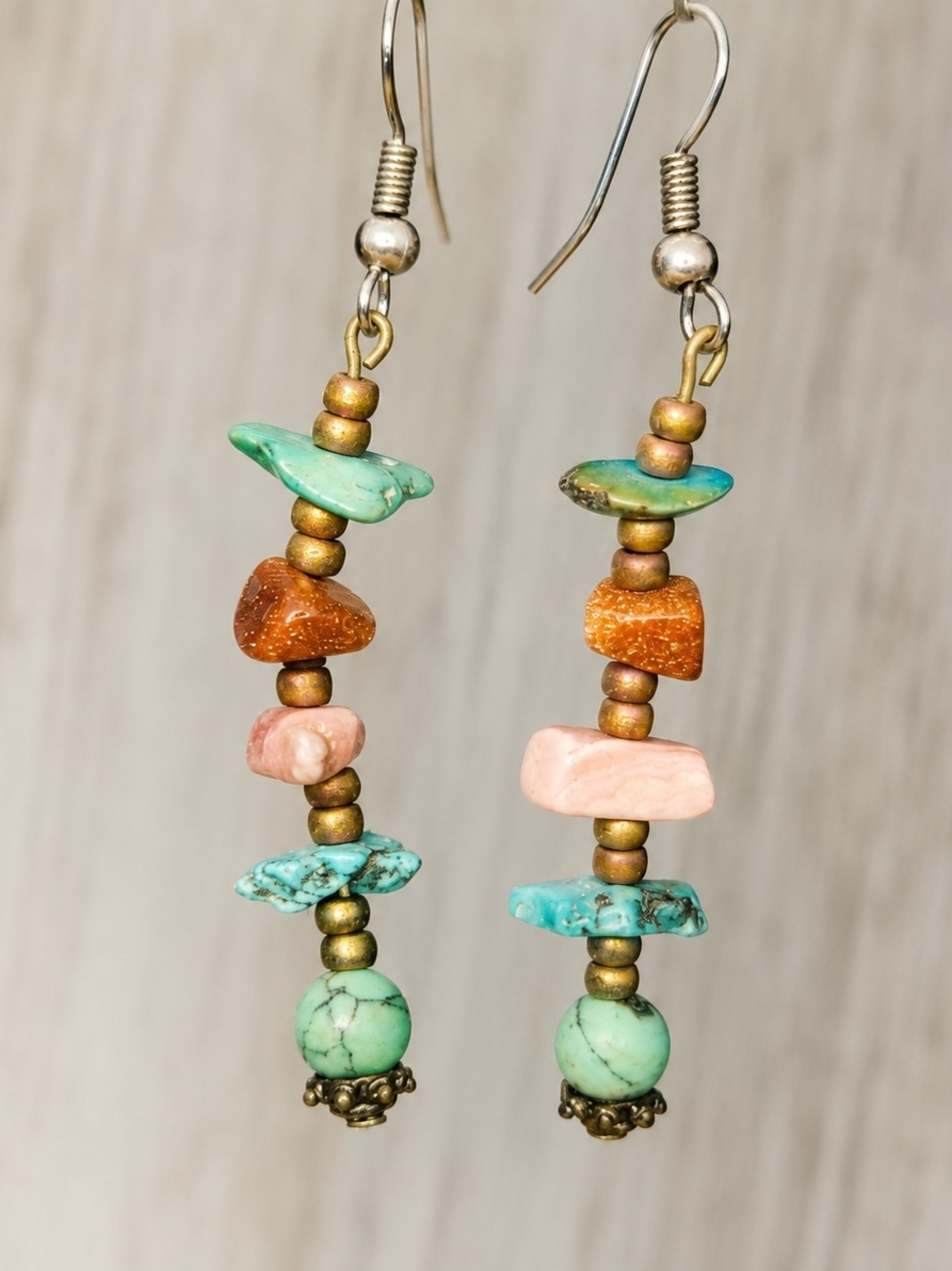 Boho Turquoise Stone Chip Dangle Earrings Southwestern Style Beaded Drop Earring